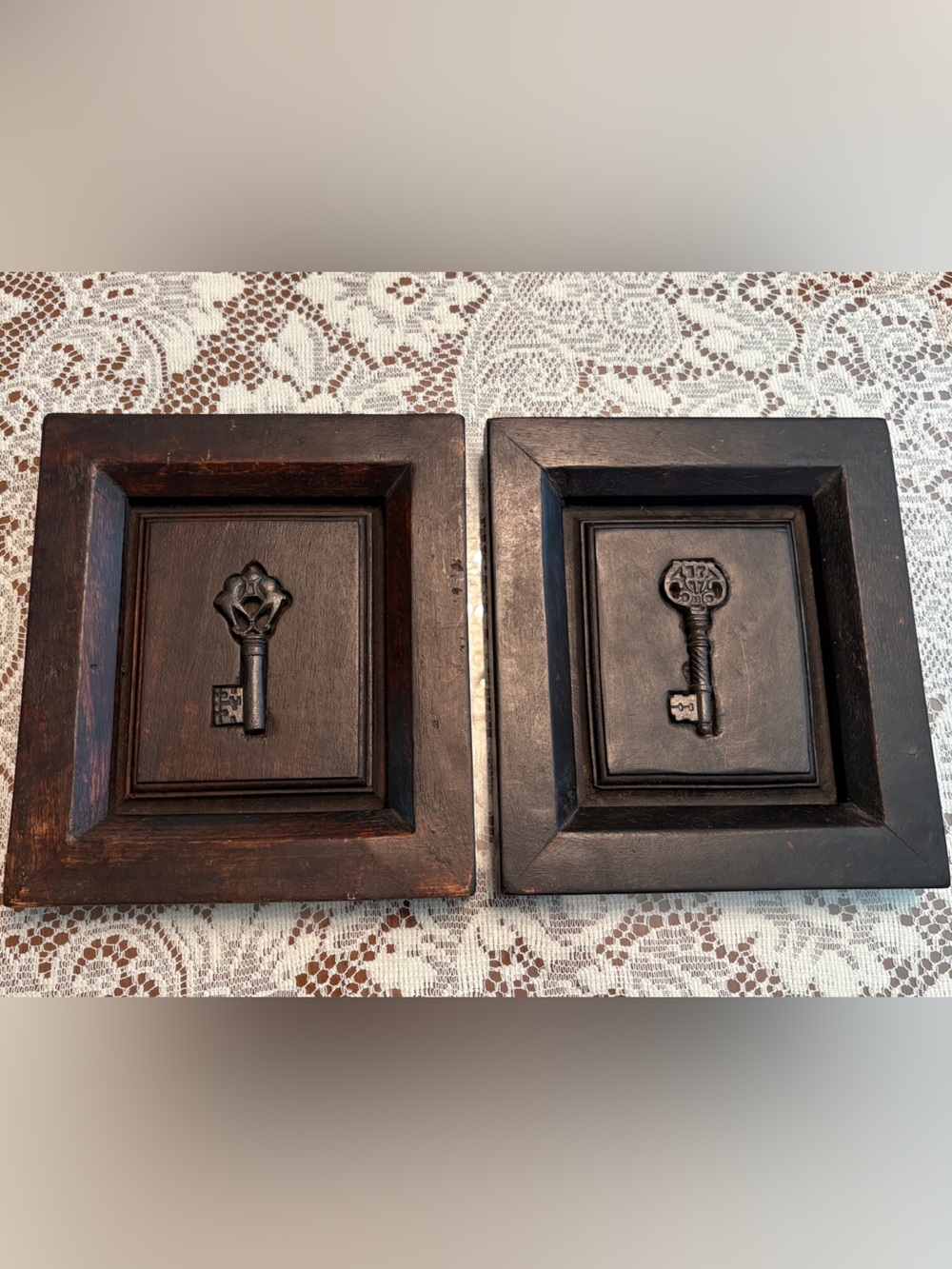 Pair (2) Gothic Skeleton Key Wood Panel Frame Medieval Farmhouse  8.5x8 Pier One